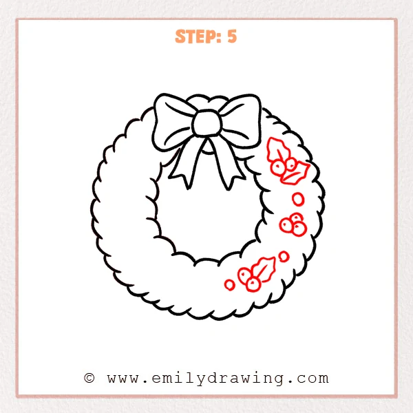 how to draw a christmas wreath - A Christmas wreath with a bow now includes holly leaf shapes and small berry clusters added along the right side.